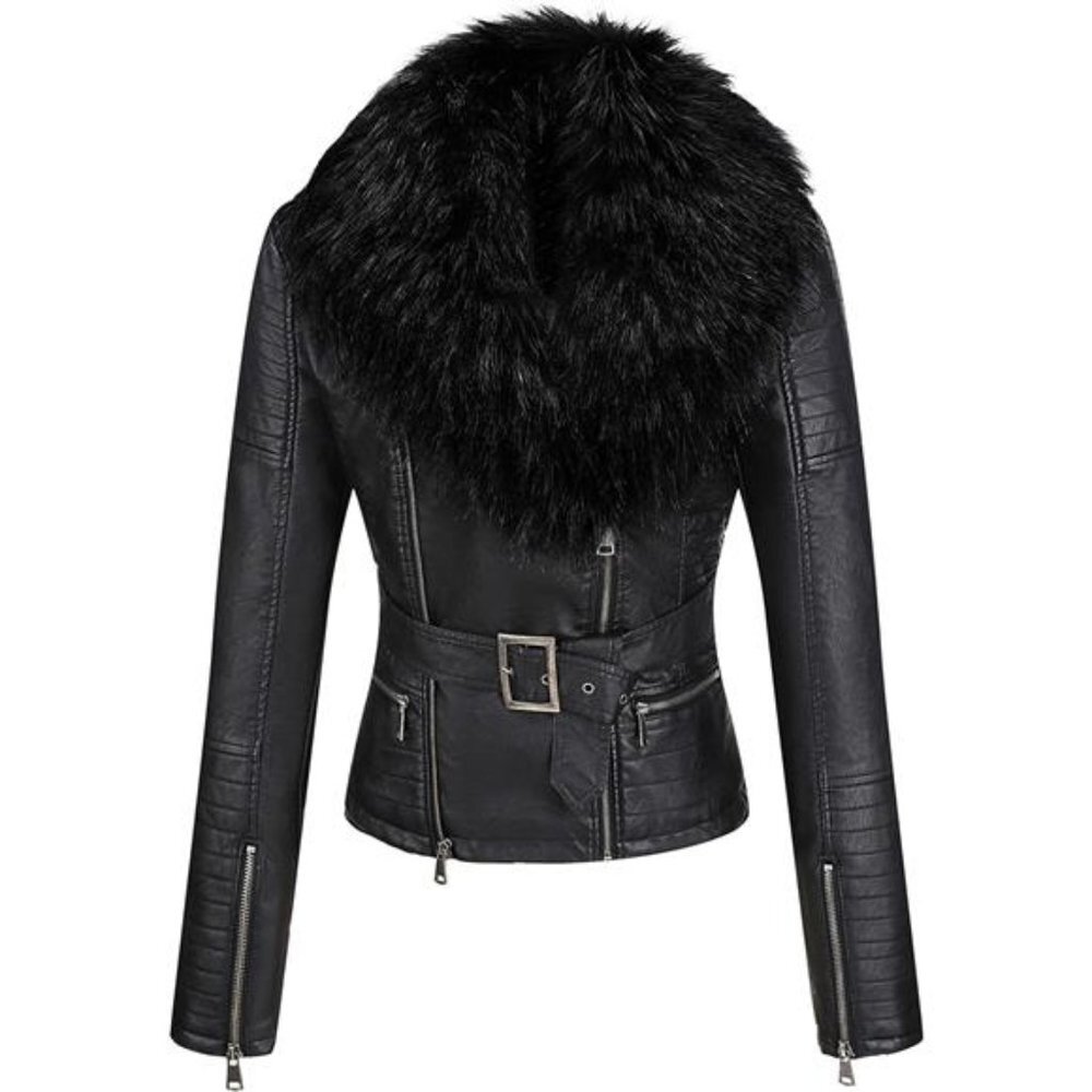 Black Faux Fur Leather Belted Motorcycle Bomber Jacket Sherpa Winter Biker Coat‎ - Picture 7 of 10